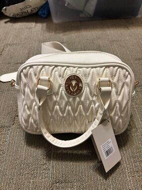 Valentino Orlandi Cream Quilted Crossbody Bag with Gold Logo